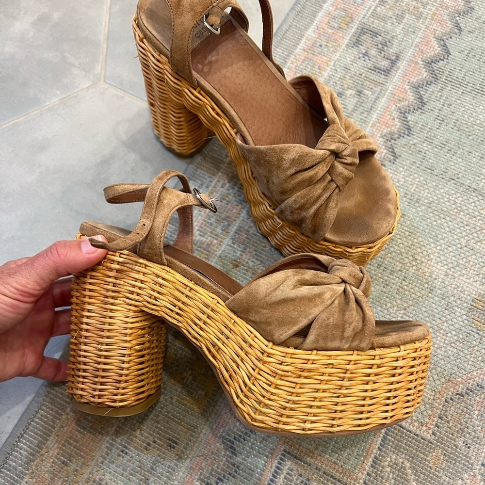 Jeffrey Campbell Suede Wicker Platform Heel Sandals — gently used. Size 6.